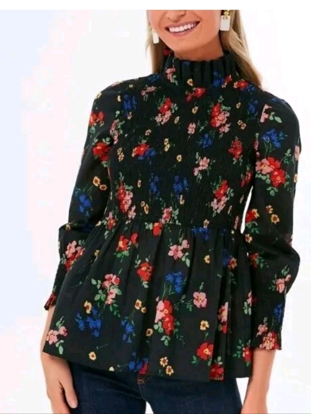 TUCKERNUCK Amaryllis Rowen Smocked High-Neck Floral Peplum Blouse